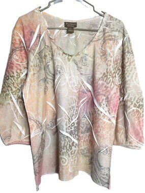 Jane Ashley Pullover Blouse Size XL 3/4 Sleeve V-Neck Boho Peasant Easy Care